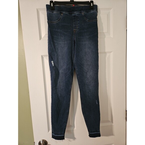 New M 28x28 SPANX Soft Blue Denim High Rise Pull On Shaping Stretch Hem Jeans - Picture 1 of 9